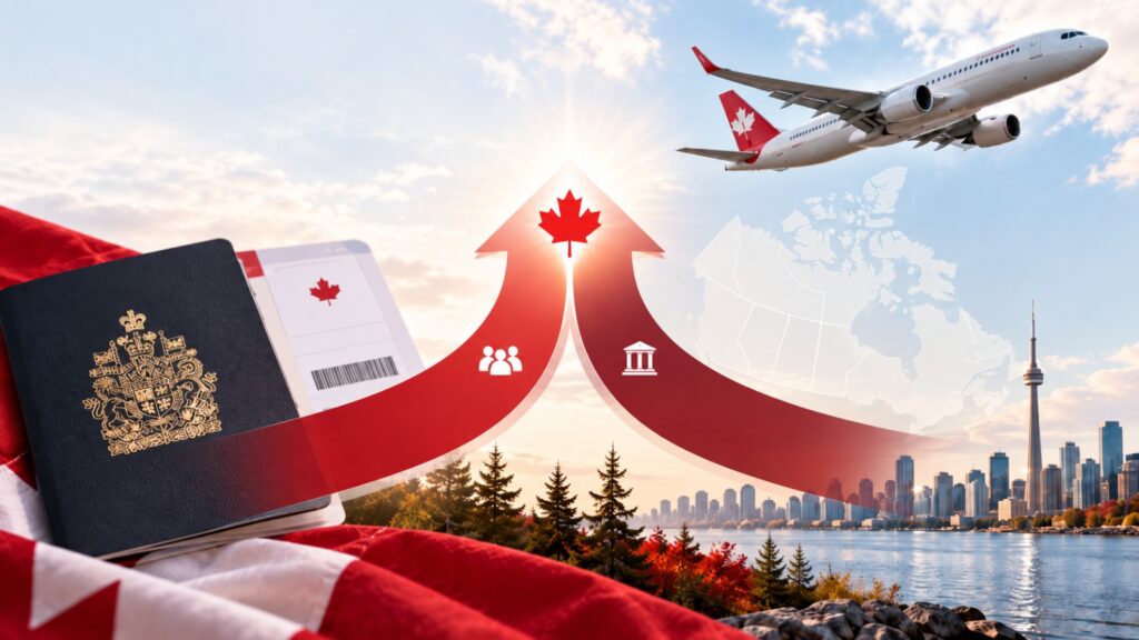 Airplane flying over Canada with a Canadian passport, Canada map and two immigration pathways representing Express Entry and the Provincial Nominee Programme. Image Caption Express Entry and the Provincial Nominee Programme: Two pathways to Canadian permanent residency. Image Description An illustration showing how Canada's Express Entry system and Provincial Nominee Programme (PNP) work together to provide immigration pathways to Canadian permanent residency.