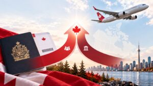 Airplane flying over Canada with a Canadian passport, Canada map and two immigration pathways representing Express Entry and the Provincial Nominee Programme. Image Caption Express Entry and the Provincial Nominee Programme: Two pathways to Canadian permanent residency. Image Description An illustration showing how Canada's Express Entry system and Provincial Nominee Programme (PNP) work together to provide immigration pathways to Canadian permanent residency.