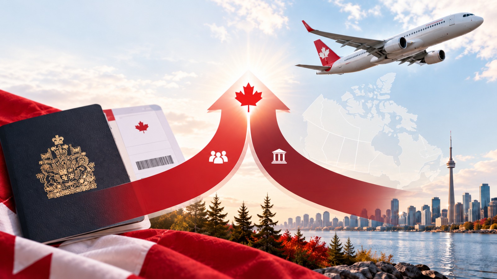 Airplane flying over Canada with a Canadian passport, Canada map and two immigration pathways representing Express Entry and the Provincial Nominee Programme. Image Caption Express Entry and the Provincial Nominee Programme: Two pathways to Canadian permanent residency. Image Description An illustration showing how Canada's Express Entry system and Provincial Nominee Programme (PNP) work together to provide immigration pathways to Canadian permanent residency.