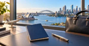 Travel document booklet, model airplane and briefcase on a desk overlooking Sydney Harbour.