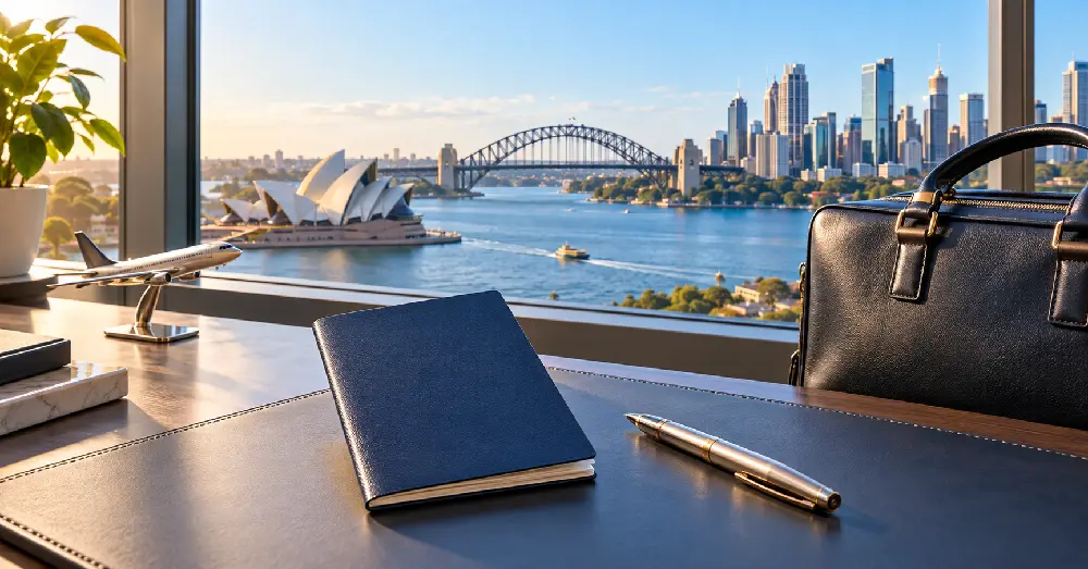 Travel document booklet, model airplane and briefcase on a desk overlooking Sydney Harbour.