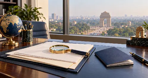 Magnifying glass on documents beside a travel booklet and globe, with India Gate visible through an office window.
