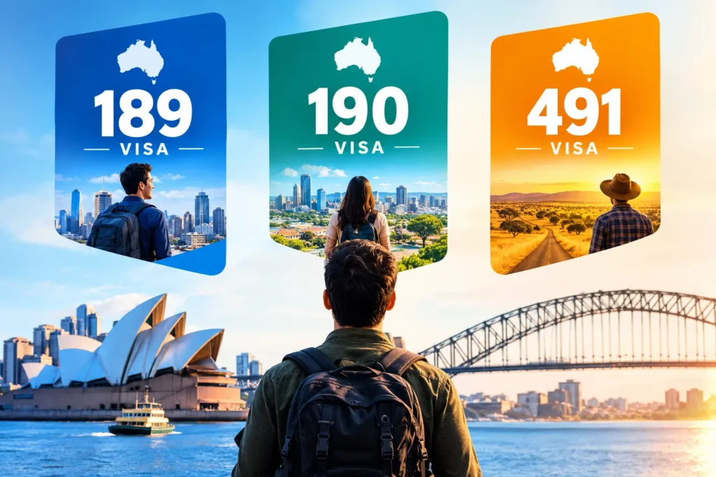 189 vs 190 vs 491 Australian skilled migration visa pathways illustrated with Australian city and regional landscapes